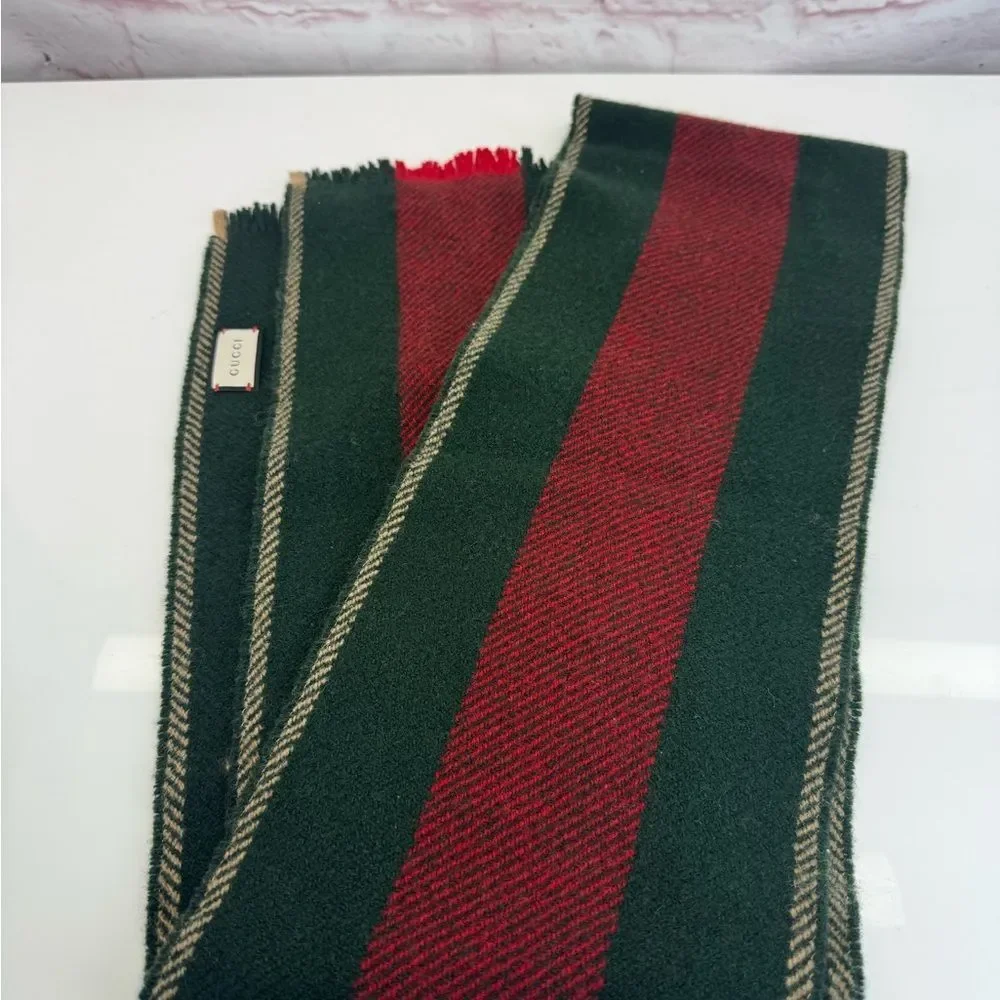 Gucci Classic Web Stripe Wool Fringe Scarf